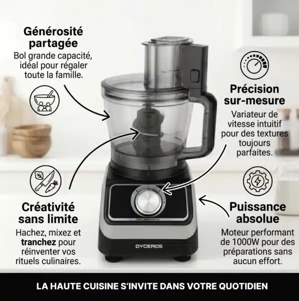 Dyceros Robot de cuisine Dyceros MultiForce 1000W : bol 1,5L, 2 vitesses + turbo. Puissant, polyvalent et précis pour cuisiner facilement.