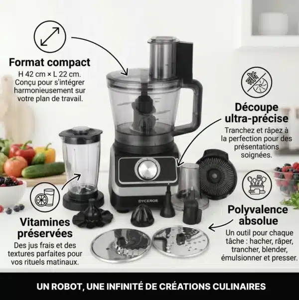 Dyceros Le robot de cuisine Dyceros MultiForce 1000W, avec bol 1,5L et 2 vitesses + turbo, offre une coupe précise, préserve les vitamines et séduit par sa taille compacte et sa polyvalence pour de nombreuses créations culinaires.