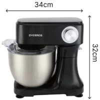 Dyceros Robot pâtissier DYCEROS noir 800W avec un bol en acier inoxydable de 5L, 6 vitesses plus turbo. Mesure 34 cm de large et 32 cm de haut, comme indiqué par les flèches et les mesures à côté de l'appareil.