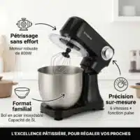 Dyceros Le Robot pâtissier Dyceros Impastia 800W se pose sur le comptoir avec son bol en acier inoxydable de 5 litres, ses 6 vitesses et son turbo. Kit pâtisserie inclus, idéal pour les pâtisseries familiales. Les icônes soulignent sa puissance, sa capacité et sa polyvalence.