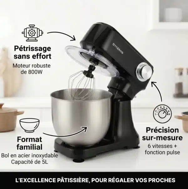 Dyceros Le Robot pâtissier Dyceros Impastia 800W se pose sur le comptoir avec son bol en acier inoxydable de 5 litres, ses 6 vitesses et son turbo. Kit pâtisserie inclus, idéal pour les pâtisseries familiales. Les icônes soulignent sa puissance, sa capacité et sa polyvalence.