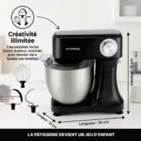 Dyceros Le robot pâtissier Dyceros Impastia 800W, doté d'un bol en acier inoxydable de 5 litres, est posé sur le comptoir avec son fouet, son batteur et son crochet à pâte. Les dimensions du produit sont indiquées ; il comprend un kit de pâtisserie et offre 6 vitesses plus un mode turbo.