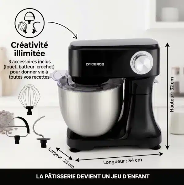 Dyceros Le robot pâtissier Dyceros Impastia 800W, doté d'un bol en acier inoxydable de 5 litres, est posé sur le comptoir avec son fouet, son batteur et son crochet à pâte. Les dimensions du produit sont indiquées ; il comprend un kit de pâtisserie et offre 6 vitesses plus un mode turbo.