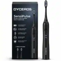 Dyceros La Brosse à dent électrique à vibration sonore SensiPulse de DYCEROS, noire, avec design durable, tient droite près de sa boîte. L'emballage indique 5 modes de brossage, 1 mois d'autonomie et 2 têtes robustes incluses.