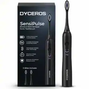 Dyceros La Brosse à dent électrique à vibration sonore SensiPulse de DYCEROS, noire, avec design durable, tient droite près de sa boîte. L'emballage indique 5 modes de brossage, 1 mois d'autonomie et 2 têtes robustes incluses.