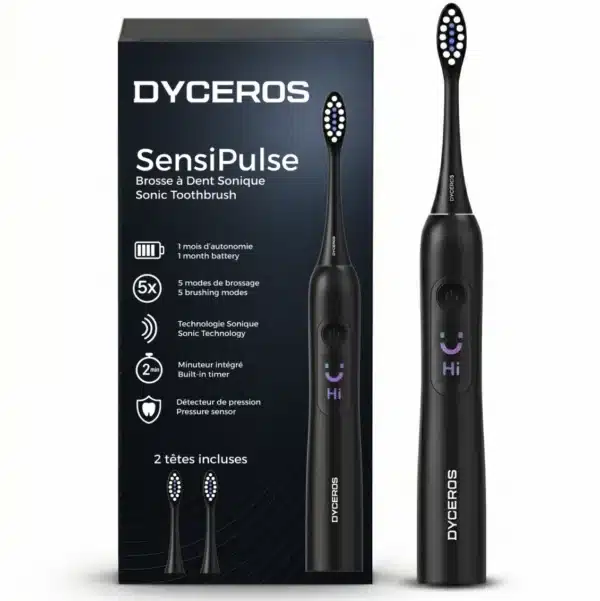 Dyceros La Brosse à dent électrique à vibration sonore SensiPulse de DYCEROS, noire, avec design durable, tient droite près de sa boîte. L'emballage indique 5 modes de brossage, 1 mois d'autonomie et 2 têtes robustes incluses.