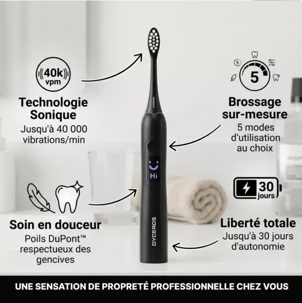 Dyceros La brosse à dent électrique à vibration sonore SensiPulse noire se tient debout sur le comptoir, entourée d'icônes et de texte en français vantant ses 40 000 vibrations/min, 5 modes, brins DuPont doux et nettoyage professionnel.