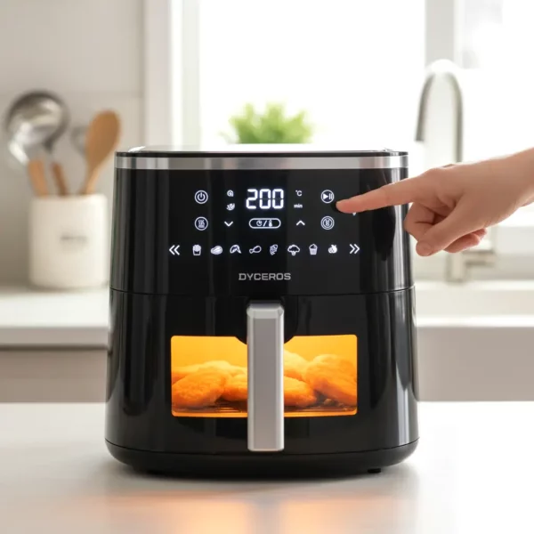 Dyceros Une main appuie sur un bouton du panneau de commande numérique d'une friteuse noire robuste avec des aliments en train de cuire à l'intérieur, posée sur un comptoir de cuisine. L'écran affiche "200" et des ustensiles de cuisine sont visibles à l'arrière-plan.
