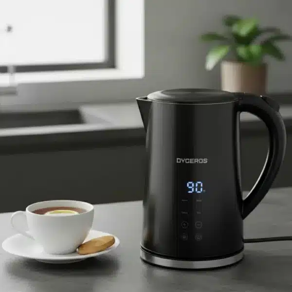 Dyceros Une bouilloire électrique noire avec un écran LED indiquant "90" est posée sur le comptoir d'une cuisine à côté d'une tasse de thé au citron et d'un biscuit sur une soucoupe. Connue pour sa fabrication française, cette bouilloire est à la fois robuste et durable. Une plante en pot et une fenêtre sont visibles derrière.
