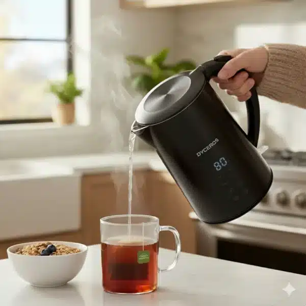 Dyceros Une personne verse de l'eau chaude d'une bouilloire électrique noire robuste dans une tasse de thé en verre sur le comptoir d'une cuisine, avec un bol de flocons d'avoine et une plante en arrière-plan. De la vapeur s'échappe de cet appareil durable.