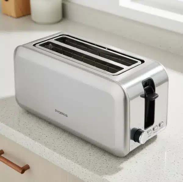 Dyceros Un grille-pain DYERDS argenté à deux fentes, connu pour son design robuste, est posé sur un plan de travail de cuisine de couleur claire près d'une fenêtre. Il comporte un levier et des boutons de commande sur la face avant.