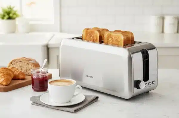 Dyceros Un grille-pain en argent robuste contenant quatre tranches de pain grillé est posé sur le comptoir d'une cuisine à côté d'une tasse de café, d'une assiette, d'un croissant, d'une miche de pain et d'un pot de confiture. Une fenêtre lumineuse se trouve à l'arrière-plan.