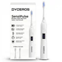 SensiPulse_montage_blanc_2 Dyceros Une brosse à dents électrique sonique DYCEORS SensiPulse se trouve à côté de sa boîte, mettant en évidence sa conception durable et les détails du produit en français et en anglais. La brosse à dents est dotée d'un affichage numérique et est livrée avec deux têtes de rechange.
