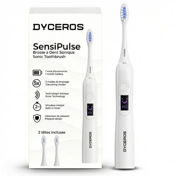 SensiPulse_montage_blanc_2 Dyceros Une brosse à dents électrique sonique DYCEORS SensiPulse se trouve à côté de sa boîte, mettant en évidence sa conception durable et les détails du produit en français et en anglais. La brosse à dents est dotée d'un affichage numérique et est livrée avec deux têtes de rechange.