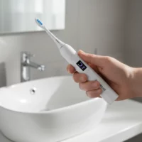 brosse_blanche_main_C Dyceros Une main tenant une brosse à dents électrique blanche durable avec un affichage numérique, devant un lavabo de salle de bain blanc et un robinet chromé. L'arrière-plan est constitué d'un miroir et d'un mur carrelé de couleur claire.