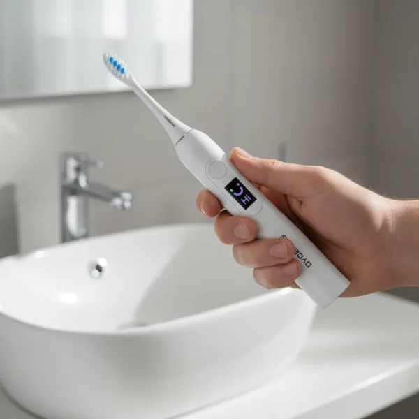 brosse_blanche_main_C Dyceros Une main tenant une brosse à dents électrique blanche durable avec un affichage numérique, devant un lavabo de salle de bain blanc et un robinet chromé. L'arrière-plan est constitué d'un miroir et d'un mur carrelé de couleur claire.