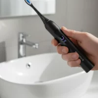 Dyceros Une main tenant une brosse à dents électrique noire durable avec un affichage numérique, devant un lavabo et un robinet de salle de bains blancs.
