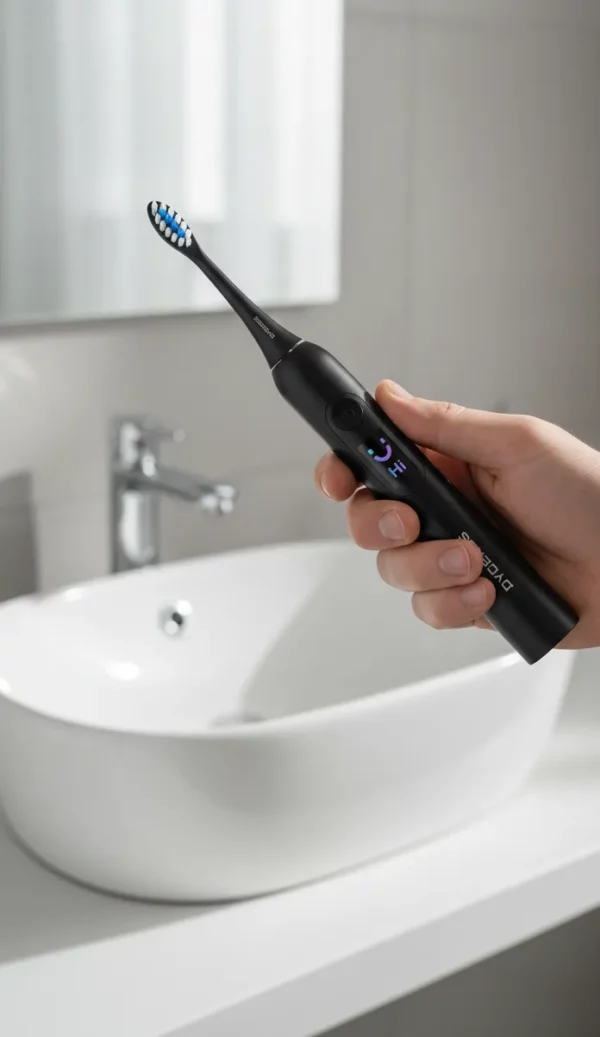 Dyceros Une main tenant une brosse à dents électrique noire durable avec un affichage numérique, devant un lavabo et un robinet de salle de bains blancs.