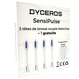 Dyceros Une boîte blanche étiquetée "Pack de 4 têtes de Brosse" contient quatre têtes de brosse à dents durables avec des poils bleus et un capuchon, avec un texte en français et des icônes sur la fabrication française, le contenu et les caractéristiques du produit.