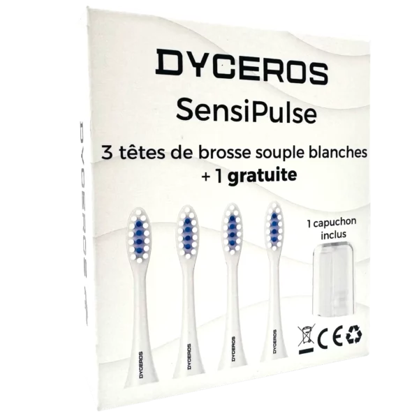Dyceros Une boîte blanche étiquetée "Pack de 4 têtes de Brosse" contient quatre têtes de brosse à dents durables avec des poils bleus et un capuchon, avec un texte en français et des icônes sur la fabrication française, le contenu et les caractéristiques du produit.