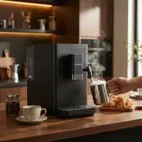 Dyceros Une personne fait chauffer du lait avec une machine à café noire sur un comptoir de cuisine, à côté d'une tasse de café, d'une soucoupe et de croissants. L'arrière-plan montre des étagères avec des bocaux et des ustensiles de cuisine.