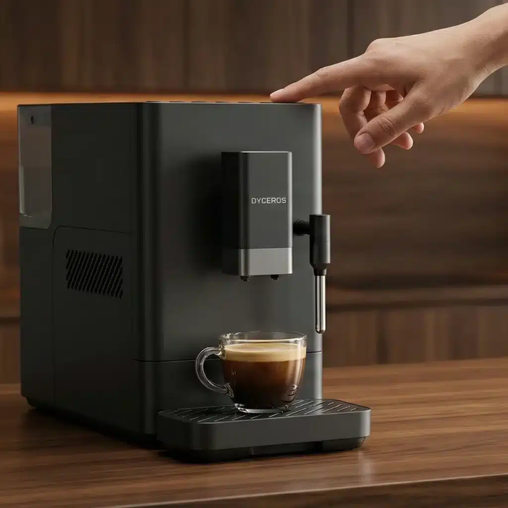 Dyceros Une main s'apprête à appuyer sur le bouton d'une machine à espresso moderne DYCEROS noire, qui prépare une tasse de café dans une tasse en verre transparent posée sur son plateau d'égouttage. L'arrière-plan présente des armoires de cuisine en bois.