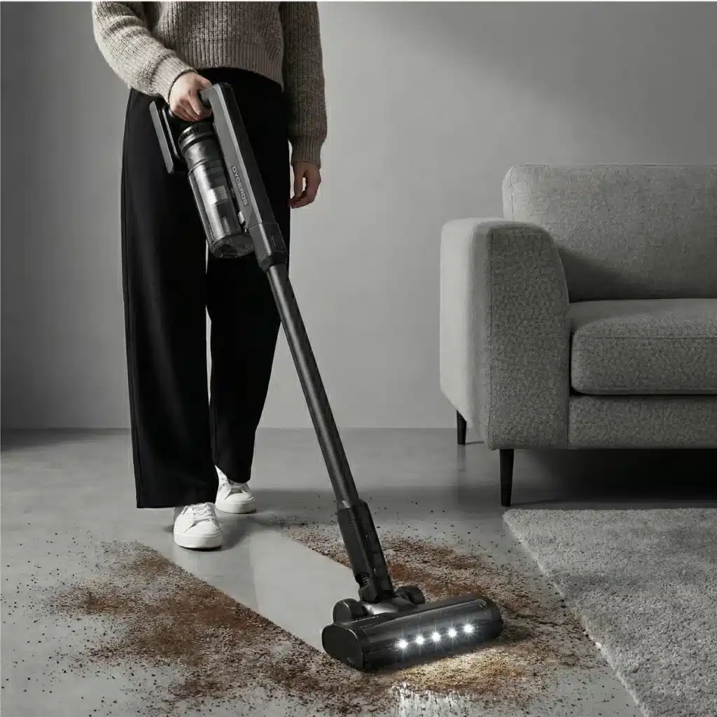 Dyceros Une personne vêtue d'un pantalon noir et d'un pull marron aspire la saleté d'un sol gris à l'aide d'un aspirateur sans fil, à côté d'un canapé gris clair.
