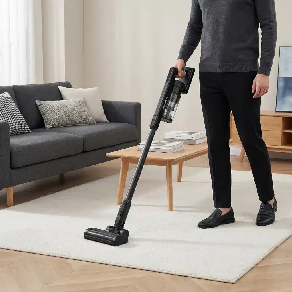 Dyceros Une personne portant des vêtements sombres passe l'aspirateur sur un tapis de couleur claire dans un salon moderne avec un canapé gris, une table basse en bois et un meuble en bois.