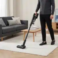 Dyceros Une personne portant des vêtements sombres passe l'aspirateur sur un tapis de couleur claire dans un salon moderne avec un canapé gris, une table basse en bois et un meuble en bois.