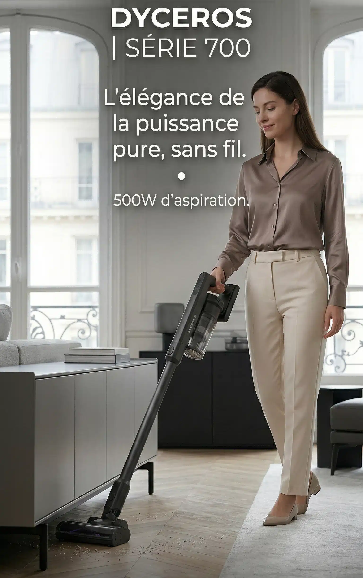 Dyceros Une femme en tenue beige passe l'aspirateur sans fil dans un salon moderne. Le texte indique : "DYCEROS SÉRIE 700. L'élégance de la puissance pure, sans fil. 500W d'aspiration." De grandes fenêtres éclairent la pièce.