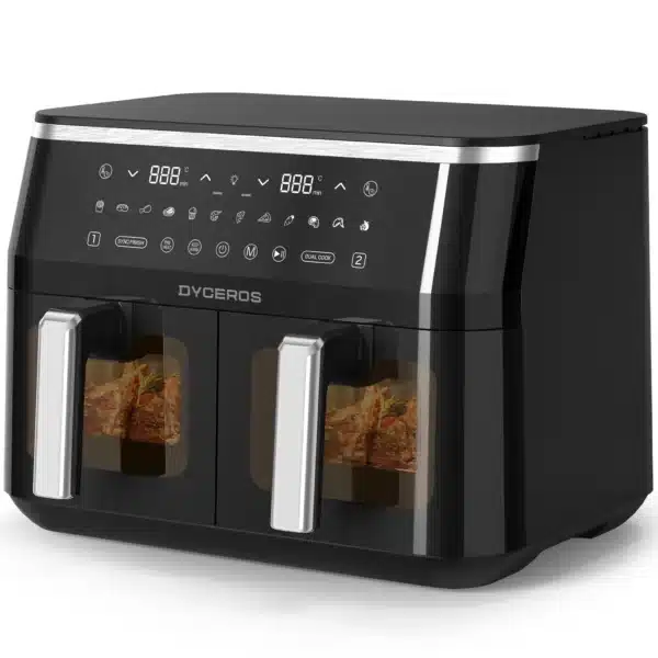 AF800 Dyceros La friteuse DYCEROS Double 9L (2x4,5L) - 2800W est équipée de deux paniers à fenêtre transparente et d'un panneau de commande tactile numérique avec écran. La marque "DYCEROS" est indiquée sur la face avant de cette friteuse noire.