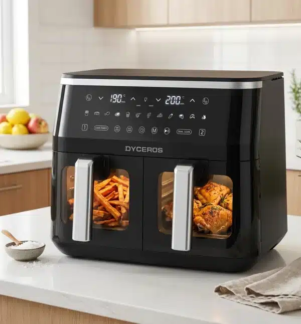 Dyceros Une friteuse Dyceros ClearFry Duo 9L avec deux compartiments de 4,5L et des fenêtres de visualisation est posée sur le comptoir d'une cuisine, faisant cuire des frites d'un côté et du poulet assaisonné de l'autre. L'écran numérique indique les réglages de température.