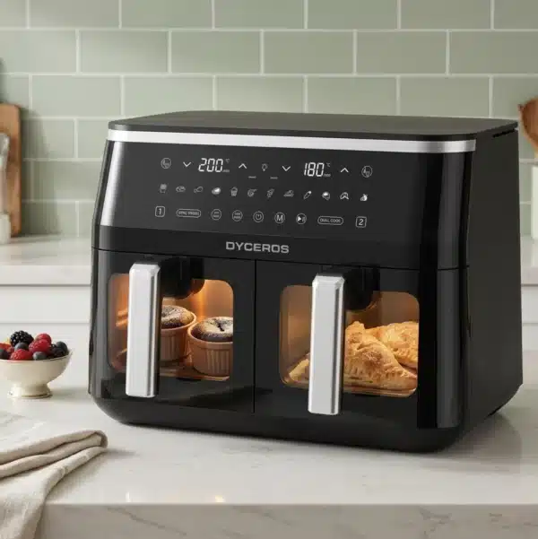 Dyceros Une friteuse noire Dyceros ClearFry Duo 9L (2x4,5L) est posée sur le comptoir d'une cuisine, des muffins cuisant dans le panier de gauche et des pâtisseries dans celui de droite. Son écran numérique est allumé, indiquant les réglages ; un bol de baies repose à proximité.