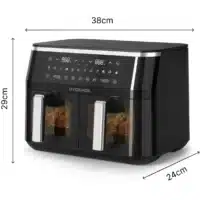 Dyceros La friteuse Dyceros ClearFry Duo 9L (2x4,5L) est une friteuse noire à double panier avec affichage numérique, boutons de commande, poignées argentées et fenêtres de cuisson transparentes. Dimensions : 38 cm de large x 29 cm de haut x 4,5 l : 38 cm de large x 29 cm de haut x 24 cm de profondeur. Puissance : 2800W.