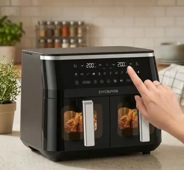 Dyceros Une main touche le panneau numérique d'une friteuse noire Dyceros ClearFry Duo 9L (2x4,5L) - 2800W à double compartiment et fenêtres de cuisson transparentes, toutes deux remplies d'aliments, sur un comptoir de cuisine avec des pots d'herbes et d'épices en arrière-plan.