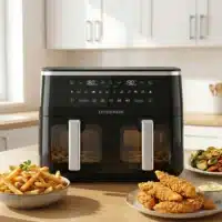 Dyceros La friteuse Dyceros ClearFry Duo 9L (2×4,5L) avec commandes numériques et fenêtres de cuisson transparentes est posée sur le comptoir d'une cuisine, entourée de frites, de poulet frit et de légumes rôtis. Des armoires blanches se trouvent à l'arrière-plan.