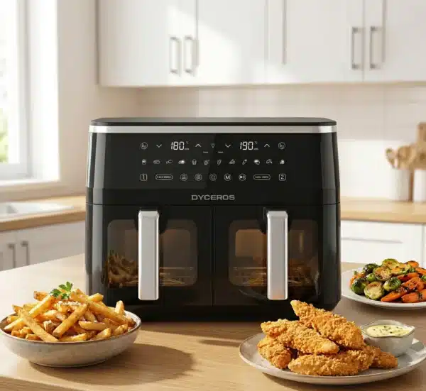 Dyceros La friteuse Dyceros ClearFry Duo 9L (2×4,5L) avec commandes numériques et fenêtres de cuisson transparentes est posée sur le comptoir d'une cuisine, entourée de frites, de poulet frit et de légumes rôtis. Des armoires blanches se trouvent à l'arrière-plan.