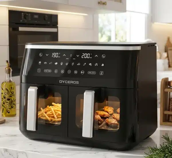 Dyceros La friteuse Dyceros ClearFry Duo 9L (2x4,5L, 2800W) présente un design noir, des compartiments doubles avec des fenêtres transparentes pour cuire des frites et du poulet ensemble, et un affichage numérique avec des réglages de température séparés sur un comptoir de cuisine blanc.