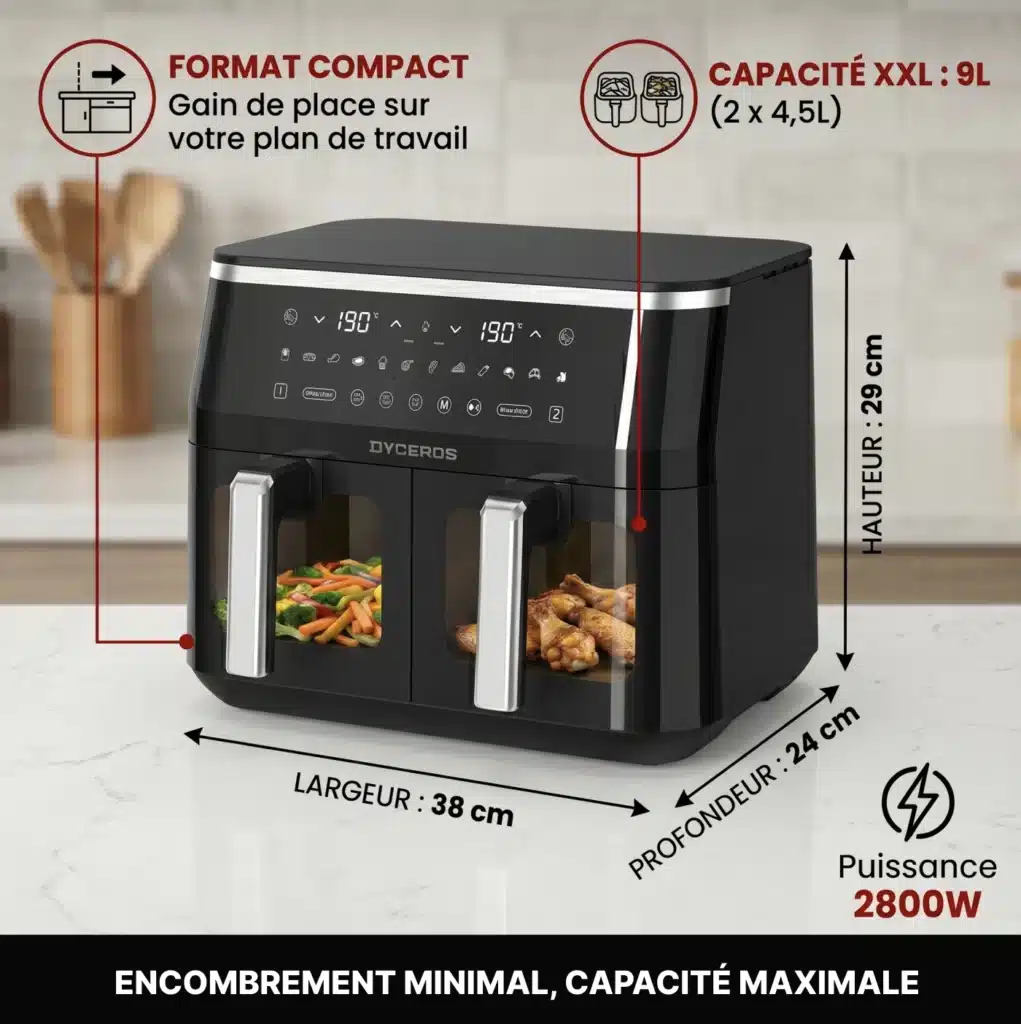 Dyceros Friteuse à air Dyceros ClearFry Duo 2800W | 9 L (2x4,5L), double compartiment avec fenêtre transparente, présentée sur un comptoir de cuisine. Les étiquettes indiquent la taille compacte (38x24x29cm), l'affichage numérique, les caractéristiques françaises.