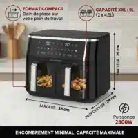 Dyceros Friteuse à air Dyceros ClearFry Duo 2800W | 9 L (2x4,5L), double compartiment avec fenêtre transparente, présentée sur un comptoir de cuisine. Les étiquettes indiquent la taille compacte (38x24x29cm), l'affichage numérique, les caractéristiques françaises.