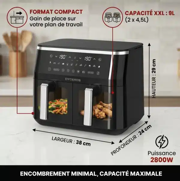 Dyceros Friteuse à air Dyceros ClearFry Duo 2800W | 9 L (2x4,5L), double compartiment avec fenêtre transparente, présentée sur un comptoir de cuisine. Les étiquettes indiquent la taille compacte (38x24x29cm), l'affichage numérique, les caractéristiques françaises.