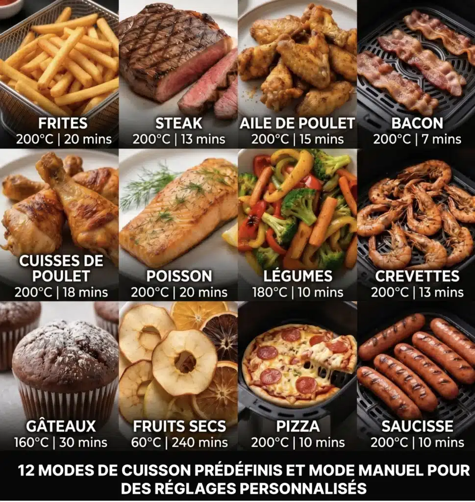 Dyceros Découvrez en images 12 plats cuisinés dans l'Air fryer Dyceros ClearFry Duo 2800W | 9 L (2x4,5L) - Friteuse à air double compartiment fenêtre transparente, avec temps et températures en français.