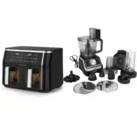 Dyceros Le Pack Famille Nombreuse comprend une double friteuse noire de 9 litres (2×4,5L, 2800W) avec commandes numériques et un robot multifonction de 1000W avec lames, disques et gobelet mixeur, présentés sur fond blanc.