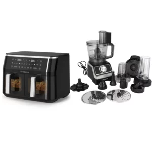 pack_AF800_RC700 Dyceros Le Pack Famille Nombreuse comprend une double friteuse noire de 9 litres (2×4,5L, 2800W) avec commandes numériques et un robot multifonction de 1000W avec lames, disques et gobelet mixeur, présentés sur fond blanc.