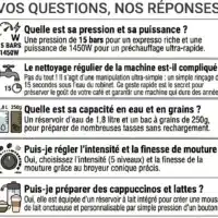 CF800_FAQ Dyceros FAQ illustrée en français sur la Machine à café à grains Dyceros Setosa Latte 15 bars : pression 15 bars, nettoyage facile, réservoir d'eau 1,8L et grains 250g, réglages intensité/mouture, cappuccinos/lattes possibles. Avec icônes.