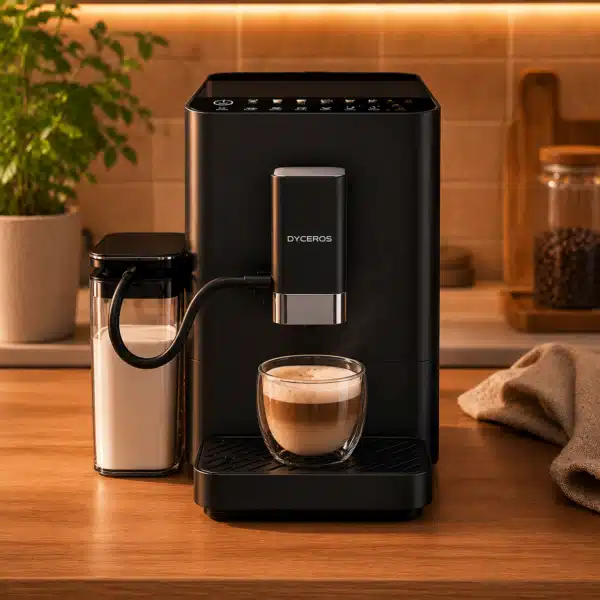 Dyceros Sur un comptoir de cuisine en bois, une machine à expresso moderne de couleur noire, équipée d'un mousseur de lait, verse un cappuccino dans une tasse en verre transparent. Des plantes, une serviette et des grains de café sont visibles dans l'arrière-plan chaud et doucement éclairé.