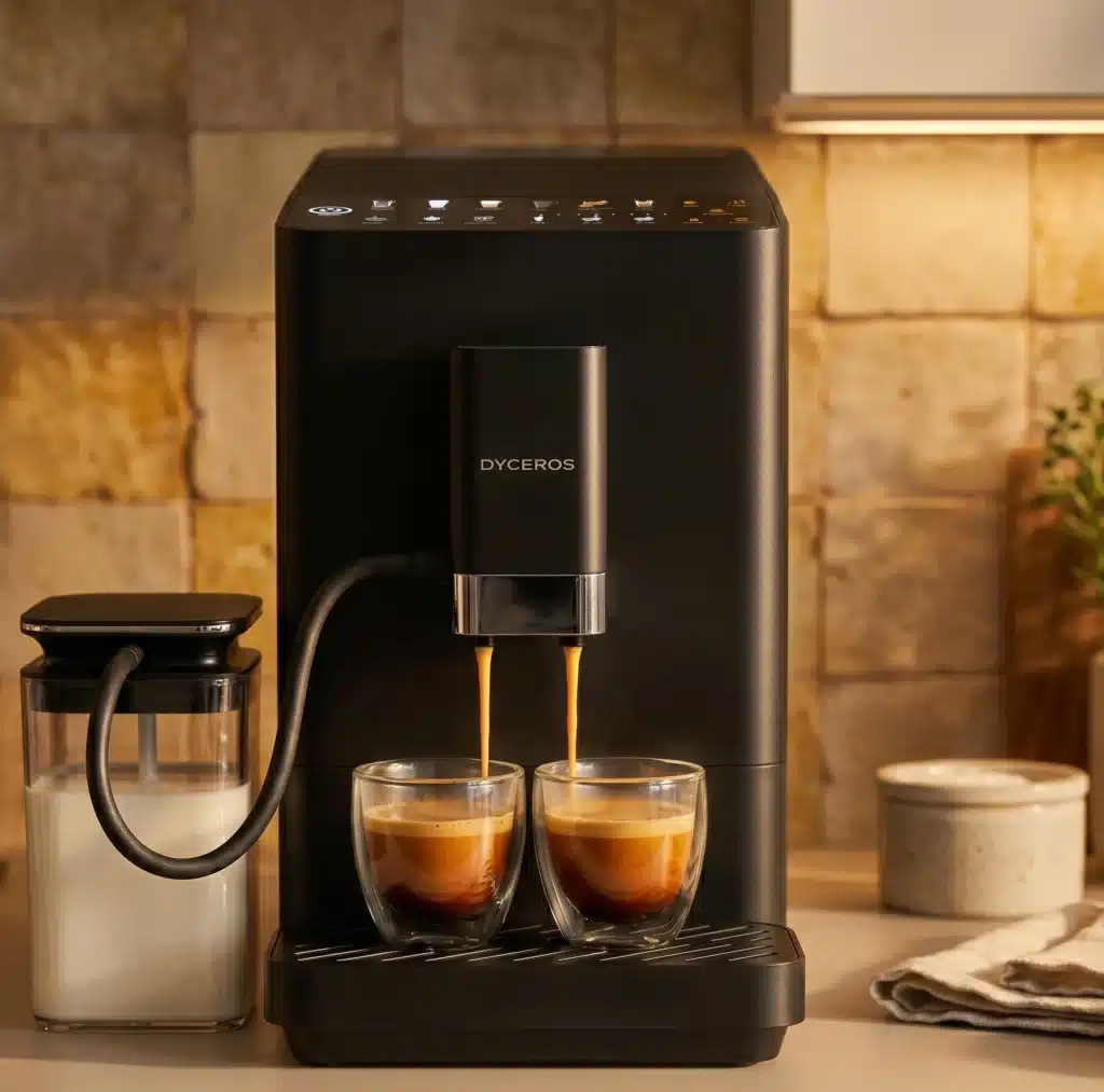 Dyceros Une machine à café noire moderne prépare deux boissons expresso dans des tasses en verre, avec un récipient à lait relié par un tube sur la gauche, sur un comptoir de cuisine avec un dosseret en carrelage et un éclairage chaleureux.