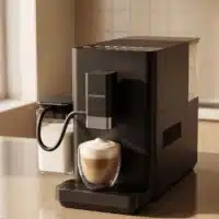 CF800_amb3 Dyceros Une machine à expresso moderne noire prépare un cappuccino dans une tasse en verre, créant une épaisse couche de mousse. Un récipient contenant du lait est posé à proximité sur un comptoir de cuisine de couleur claire.