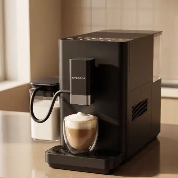 CF800_amb3 Dyceros Une machine à expresso moderne noire prépare un cappuccino dans une tasse en verre, créant une épaisse couche de mousse. Un récipient contenant du lait est posé à proximité sur un comptoir de cuisine de couleur claire.