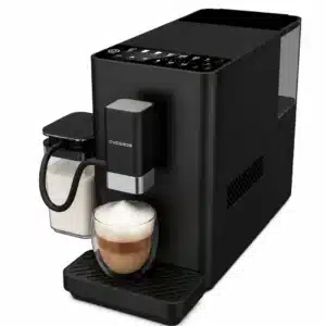 Dyceros La machine à espresso Dyceros Setosa Latte 15 bars est dotée d'un panneau numérique, d'un récipient à lait et est livrée avec un verre de cappuccino garni de lait mousseux.